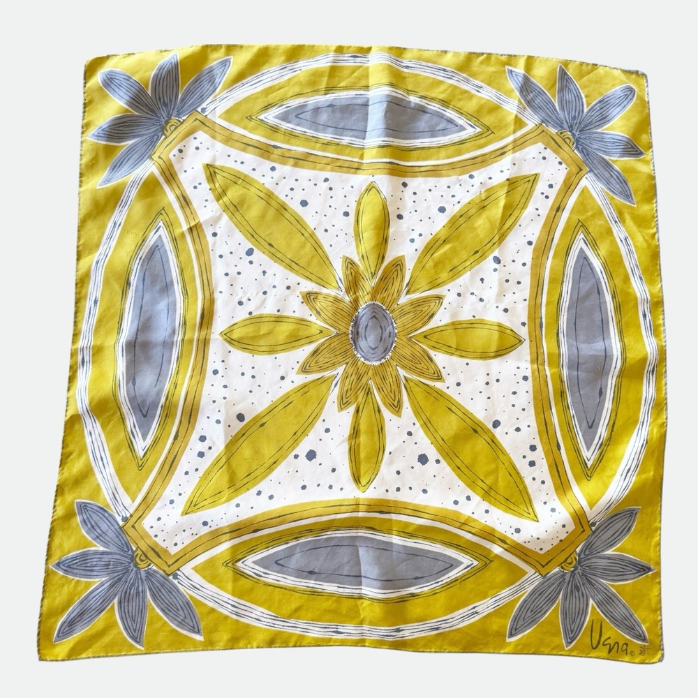 Vera Neumann Square Scarf Mustard Yellow Grey Flower Graphic Silk Signed